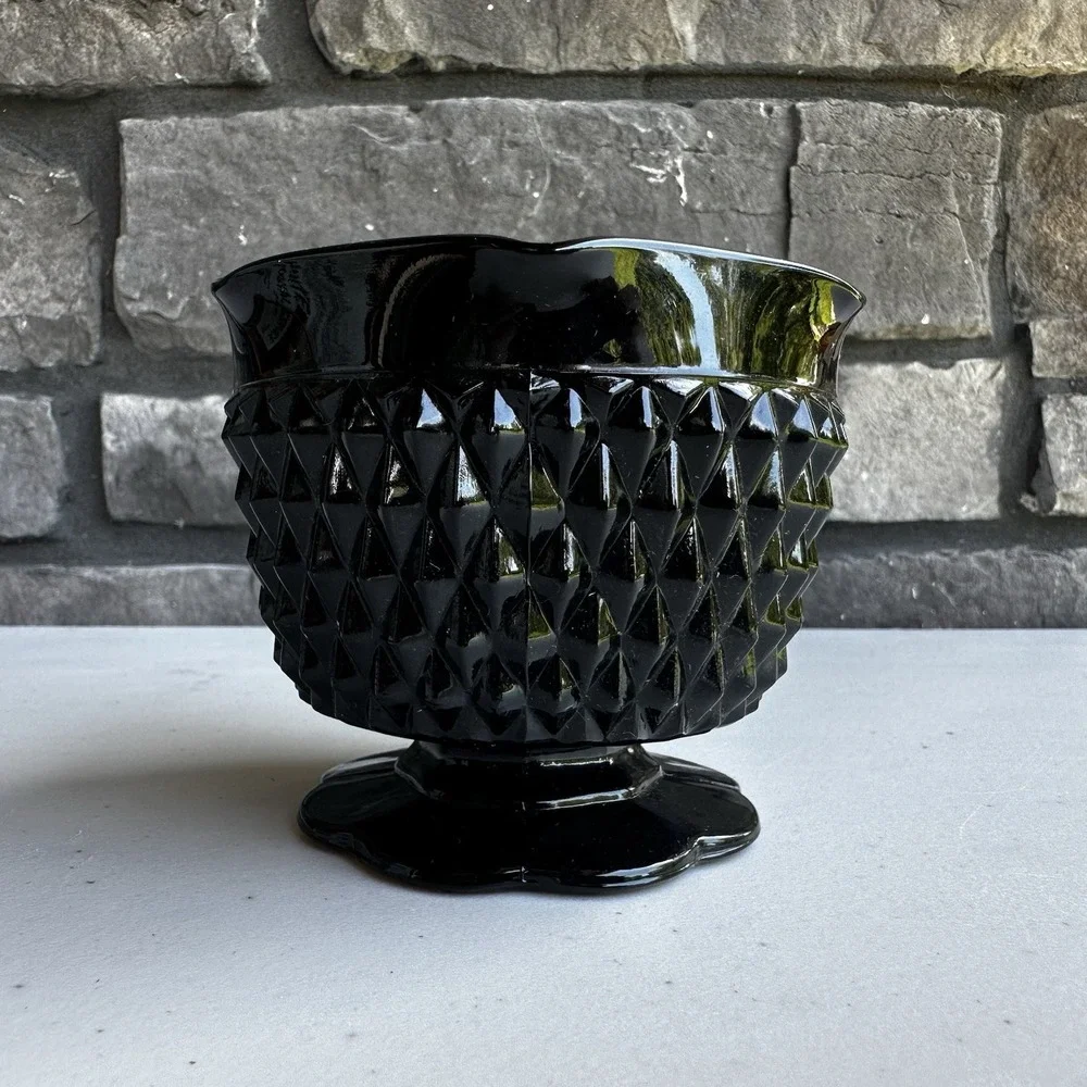 Vintage 1980s Tiara Indiana Glass Candle Holder Vase Black Cameo Diamond Point